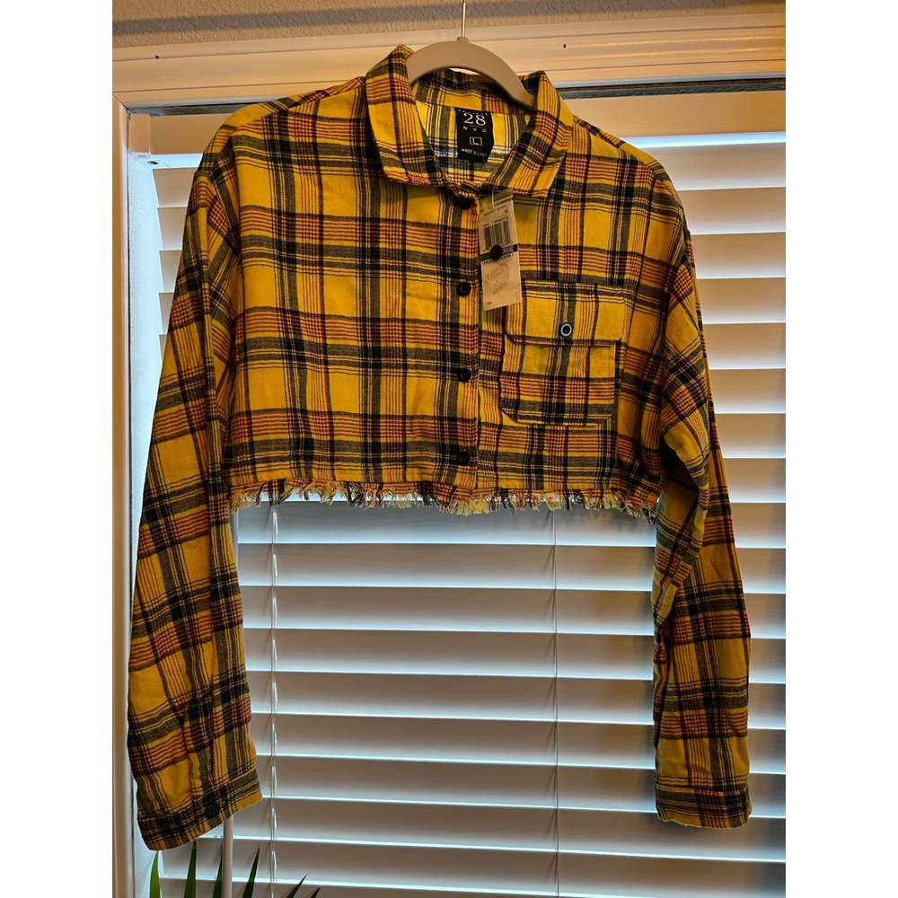 NWT Project 28 NYC Shirt Yellow Plaid Woven Cropped Raw Hem Grunge Streetwear